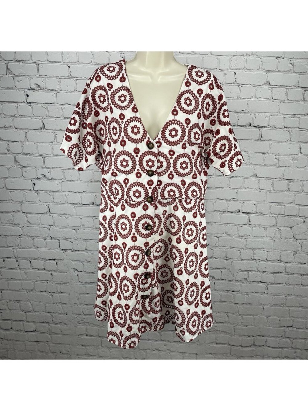 Waverly Grey Anthropologie White Red Eyelet Buttoned A Line Lined Dress USA L
